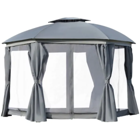 144x144 Inch Round Outdoor Gazebo, Patio Dome Gazebo Canopy Shelter With Double Roof, Netting Sidewalls And Curtains (Color: Grey)