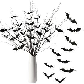 Curly Willow Branches 29.5 Inch Artificial Bendable Stems Black Branches With 36Pcs Halloween Bat Stickers For Halloween Wreath Home Party Decora (Color: Black)