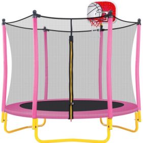 5.5FT Trampoline For Kids -65 Outdoor & Indoor Mini Toddler Trampoline With Enclosure, Basketball Hoop And Ball Included (Color: Pink)