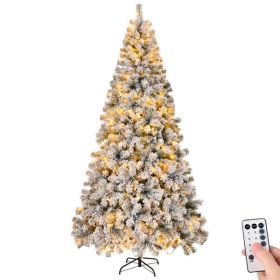 8 FT Pre-lit Snow Flocked Christmas Tree, Artificial Hinged Xmas Pine Tree With 1300 Branch Tips, 500 Lights And Remote Control For Holiday Party (Option: Default title)