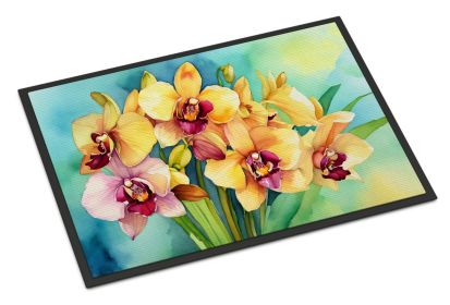 NEW Orchids in Watercolor Doormat Front Door Mat Indoor Outdoor Rugs for Entryway, Non Slip Washable Low Pile, 18H X 27W (Default: Default)